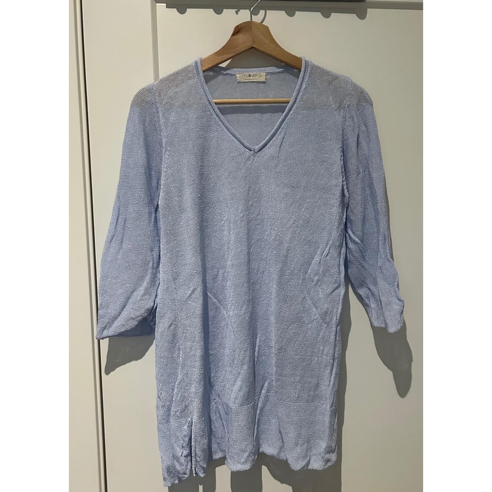 Echo Verde Linen‎ Organic Cotton Knit Tunic Top Light Blue V-Neck 3/4 Sleeve